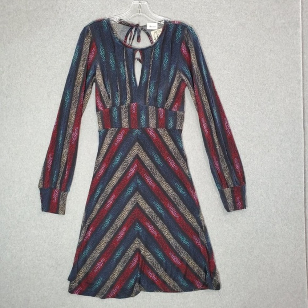 Free People Women Dress Black Chevron Mini‎ Fit & Flare Long Sleeve Keyhole
